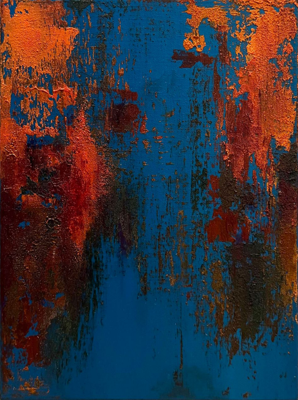 vivi & vela artwork 'autumn equinox | moods': abstract painting featuring warm earthy tones, deep blues, and bursts of orange and burgundy.