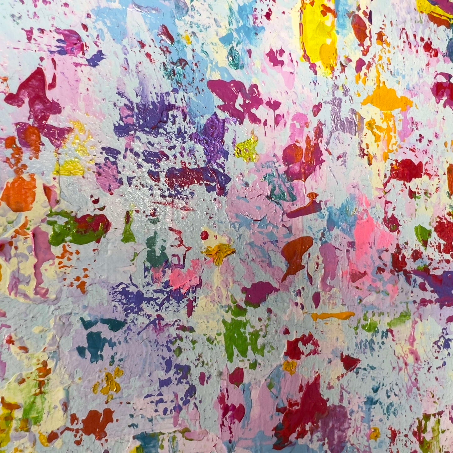 vivi & vela close-up of 'bloom': detailed view highlighting intricate brushstrokes and layered textures with bold, vibrant tones.