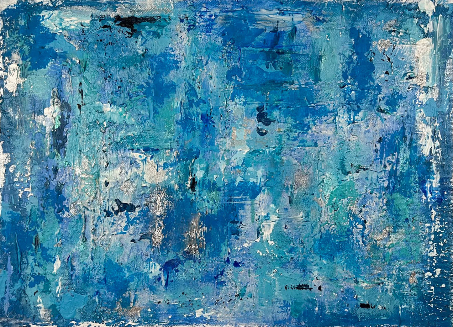 vivi & vela artwork 'denim': abstract painting featuring layered blues and shimmering silvers, evoking the movement of a coastal landscape.