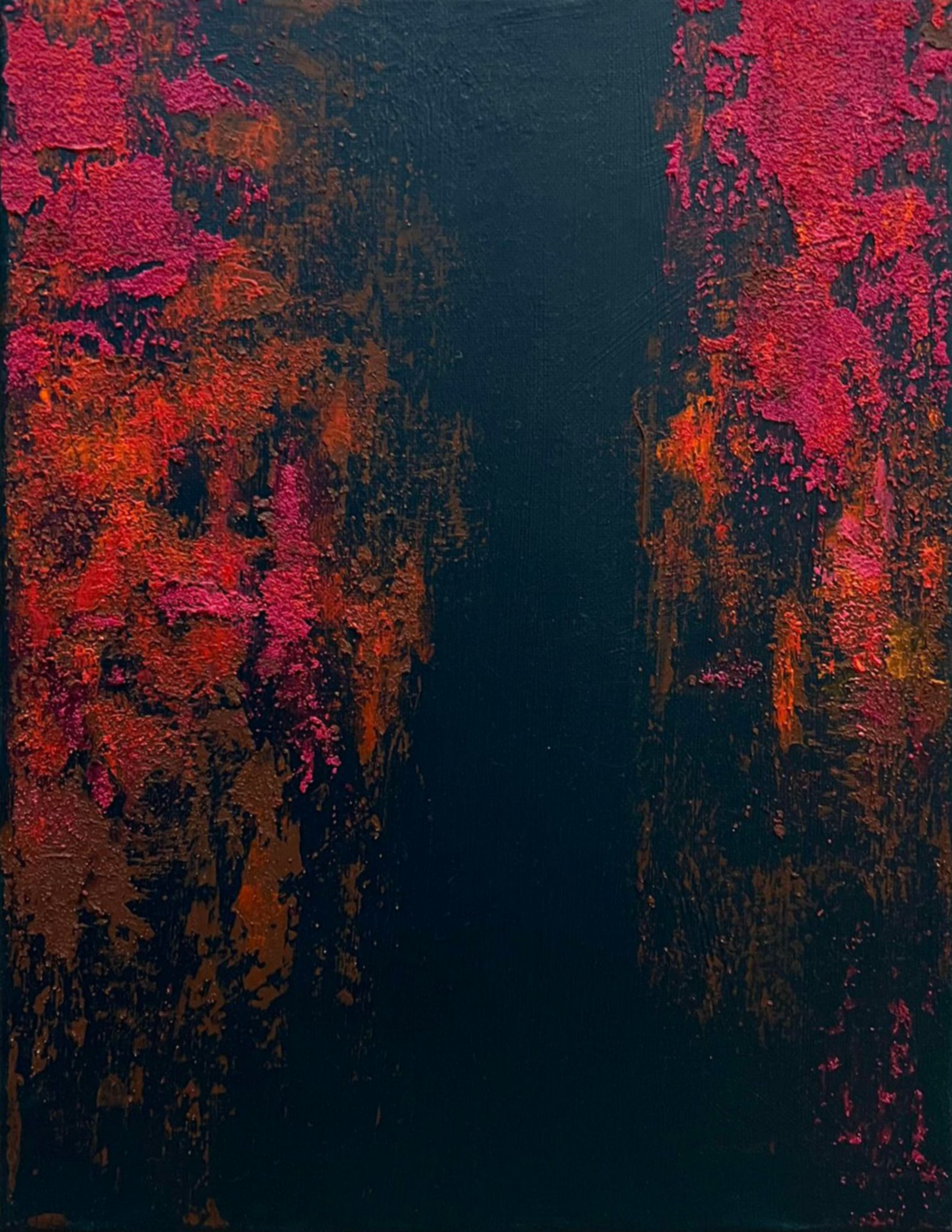 vivi & vela artwork 'gladiolus | moods': abstract painting inspired by tropical gardens, featuring deep greens, earthy browns, and vibrant pops of pink and orange.