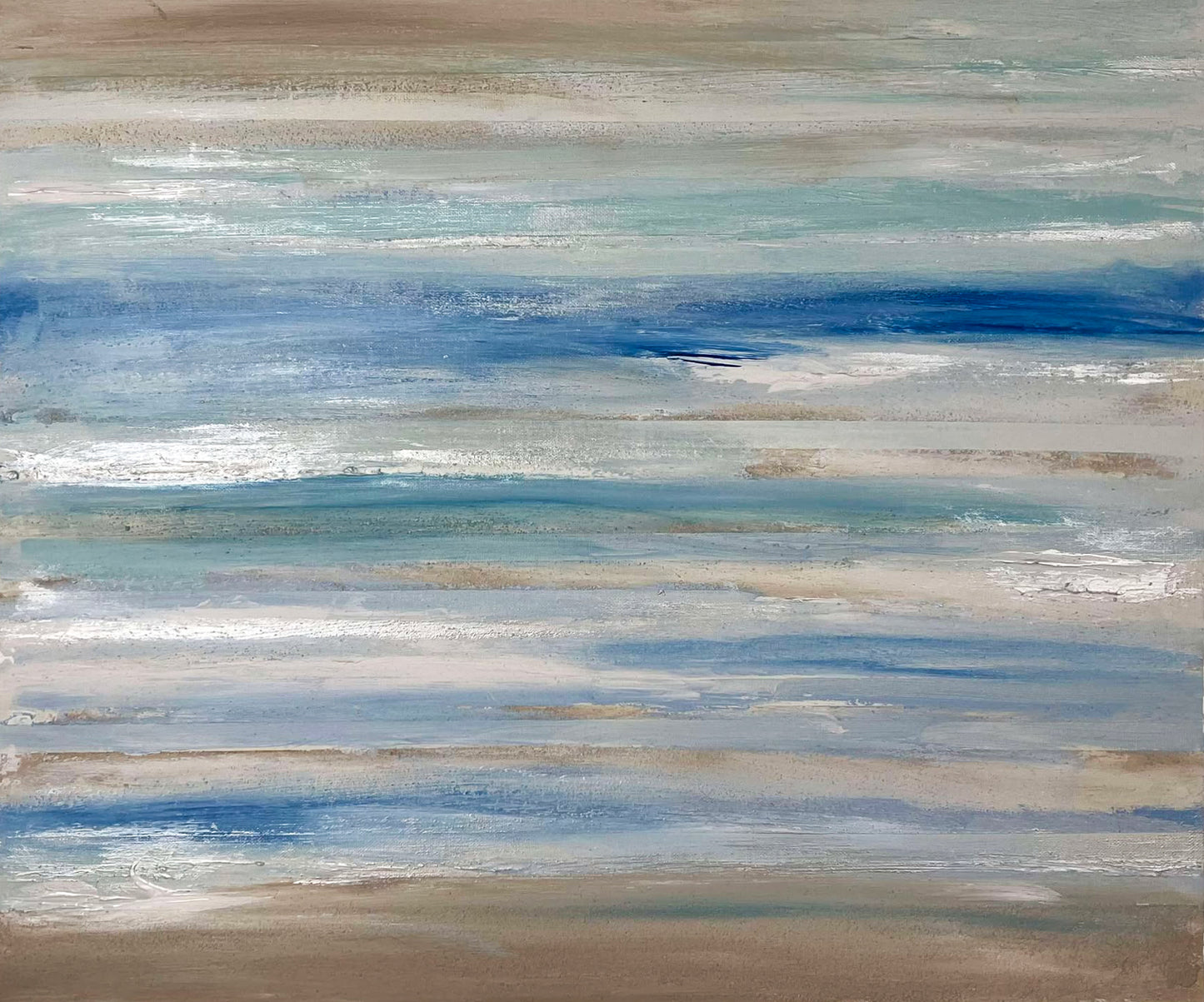vivi & vela artwork 'harbor': abstract painting featuring muted blues, beige, and white, evoking the serene stillness of coastal horizons.