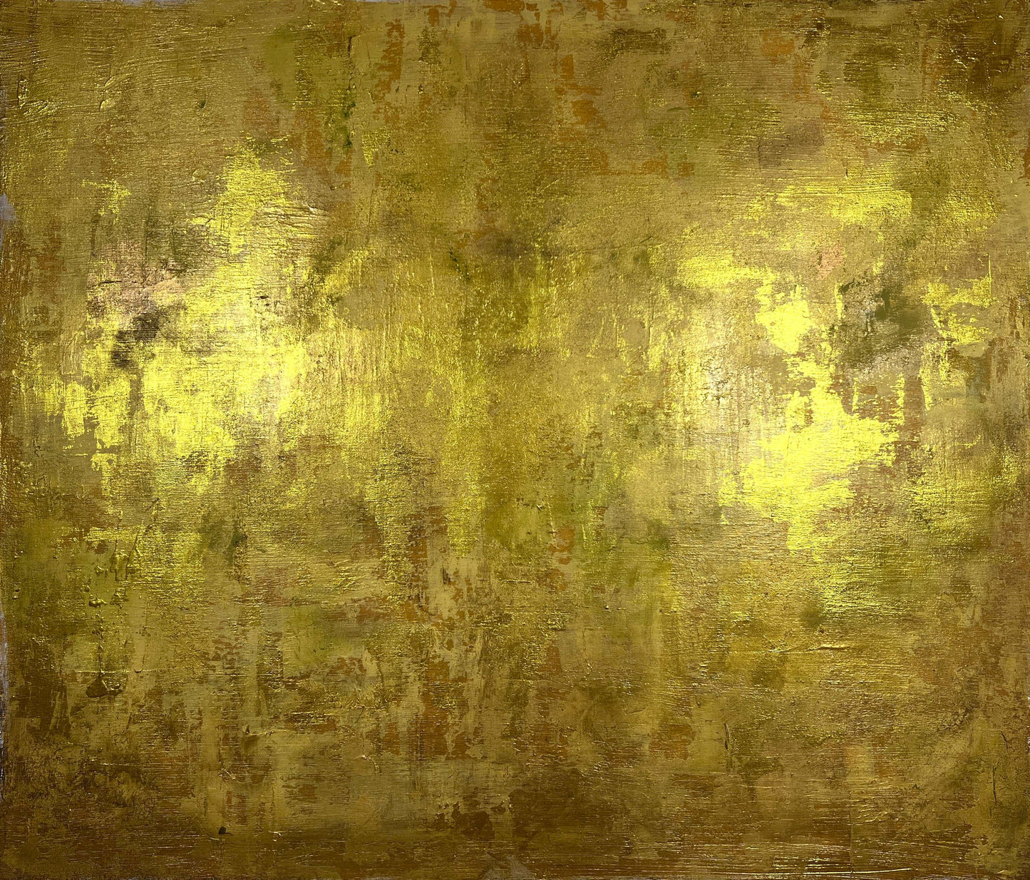 vivi & vela artwork 'icho': abstract painting featuring shimmering golden pigments with intricate textures inspired by Japanese wabi sabi design.