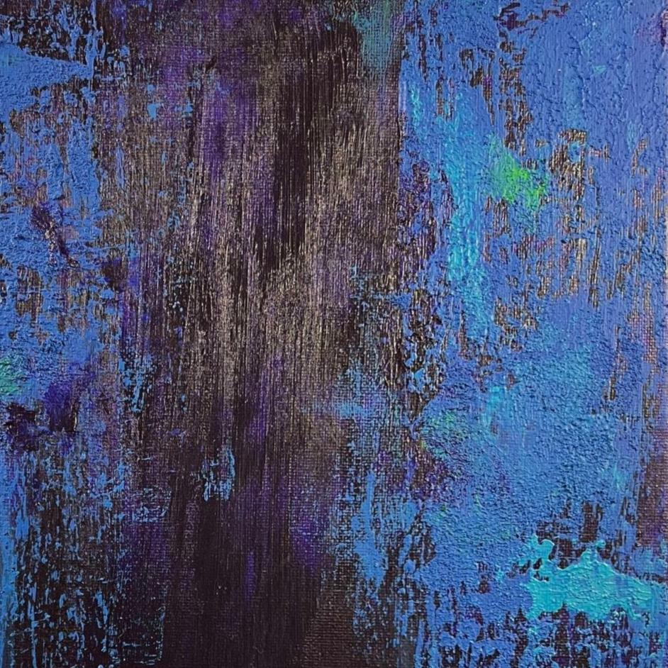 vivi & vela close-up of 'midnight | moods': detailed view highlighting vibrant neon blues and textured layers over a deep purple base.