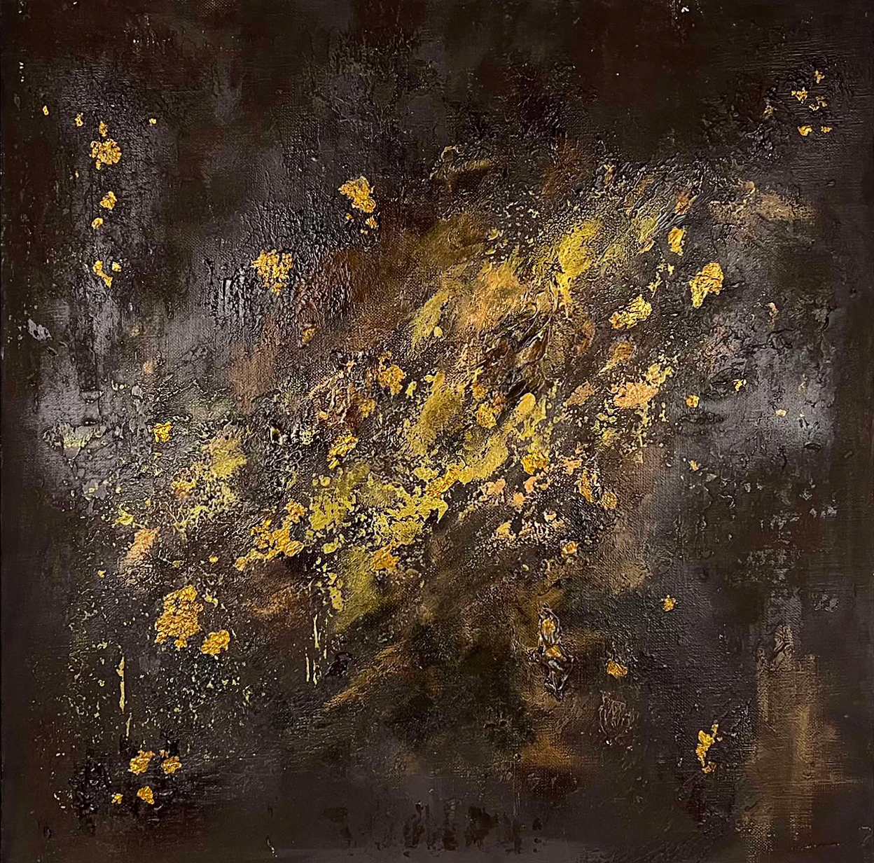 vivi & vela artwork 'opera': abstract painting featuring deep browns and radiant gold accents, inspired by the luxurious layers of opera cake.