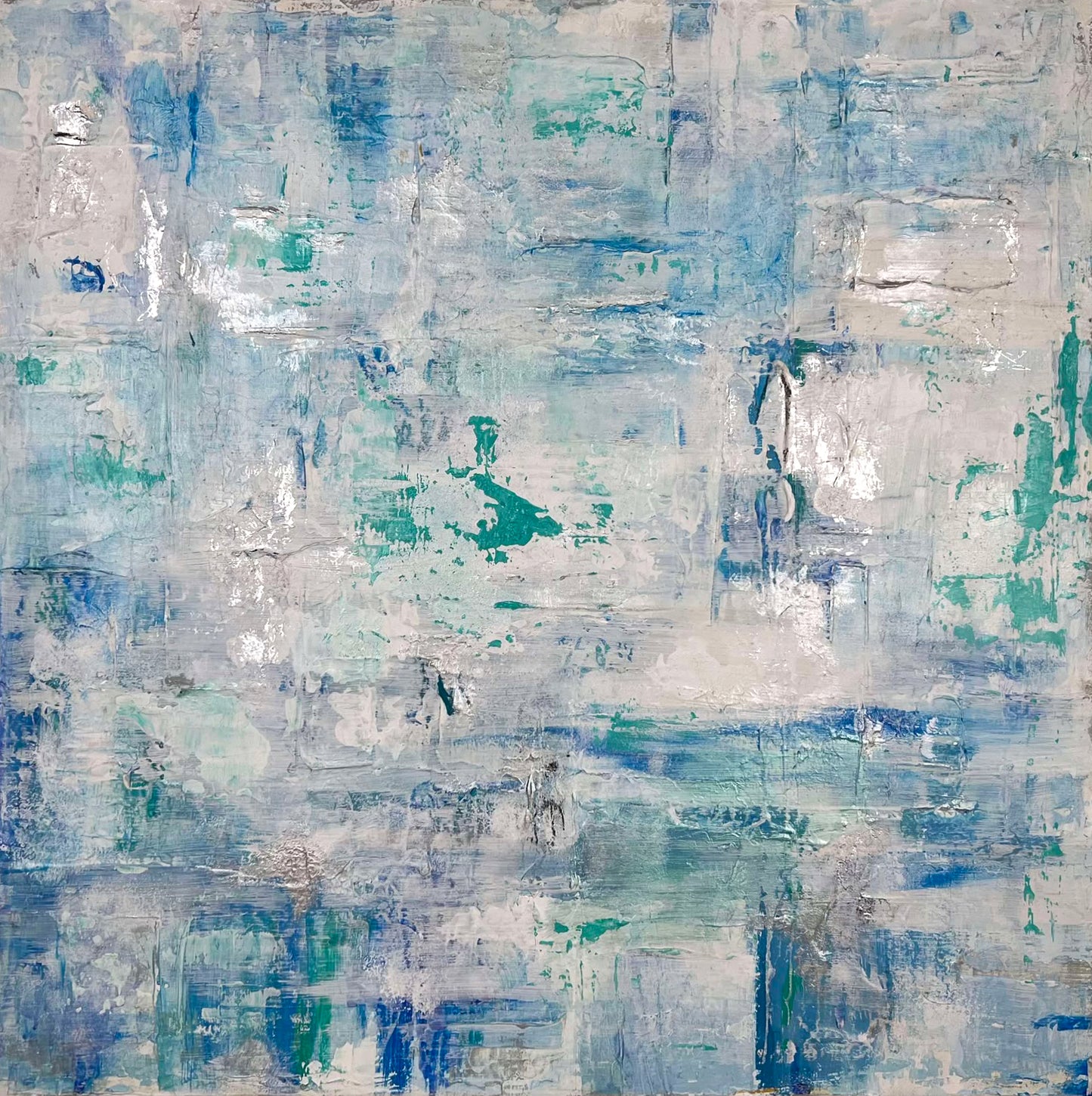 vivi & vela artwork 'sea song': abstract painting featuring vivid turquoise, seafoam, white, and blue tones with textured strokes inspired by ocean waves.