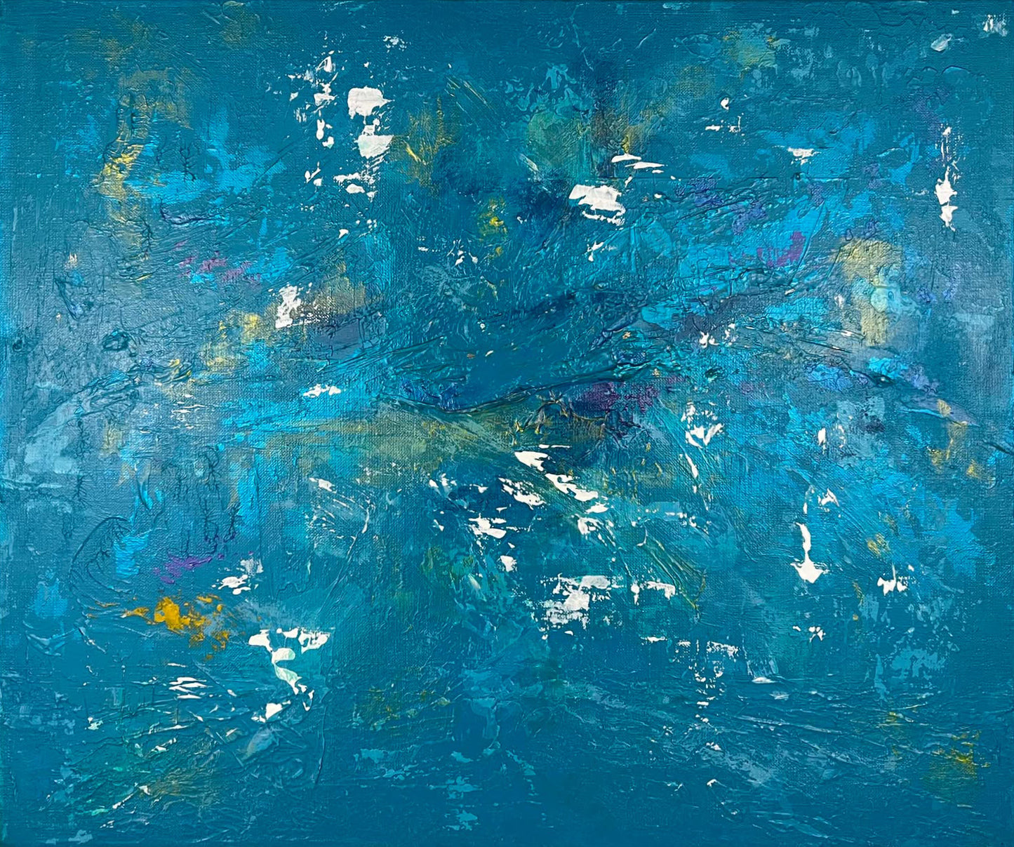 vivi & vela artwork 'summit': abstract painting featuring dominant teal and blue tones with iridescent accents inspired by high altitudes and snow-covered peaks.