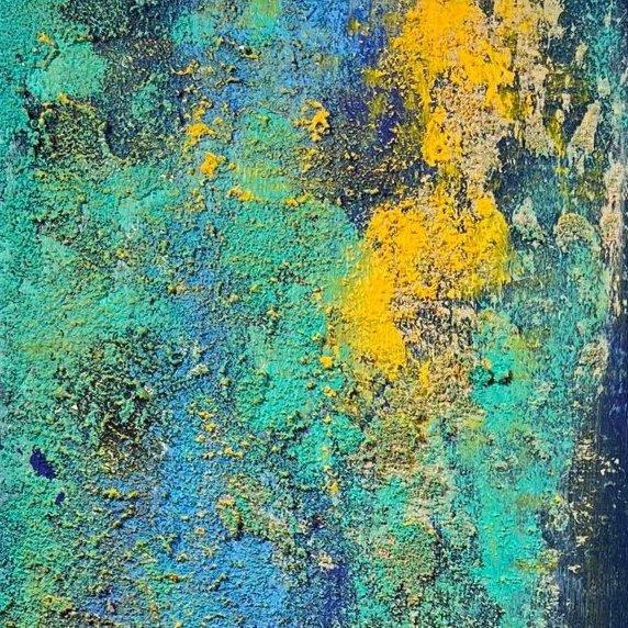 vivi & vela close-up of 'surf | moods': detailed view highlighting textured teal and turquoise tones with vibrant yellow accents.