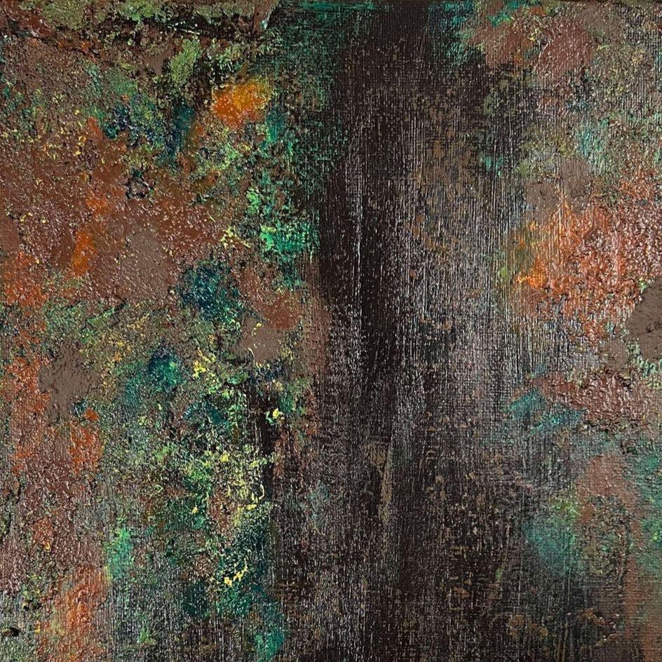 vivi & vela close-up of 'terra| moods': detailed view abstract artwork, highlighting earthy tones and rugged textures.
