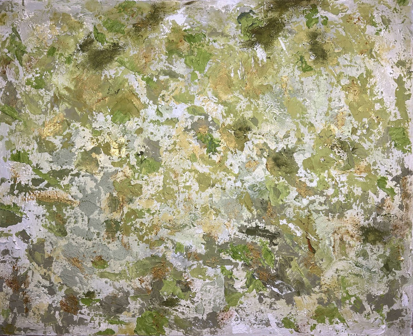 vivi & vela artwork 'warabi': abstract painting with dusty greens, beige, and textured gold accents, inspired by the resilience of the bracken fern.