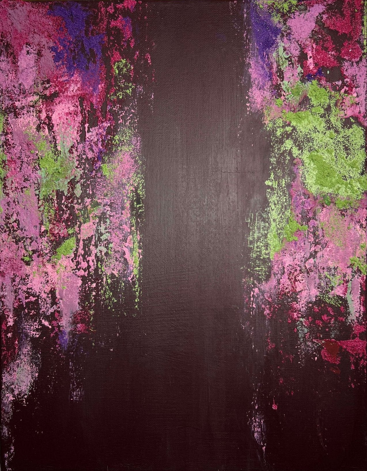 vivi & vela close-up of 'wisteria | moods': detailed view of layered pink, green, and purple textures against a dusky burgundy backdrop.