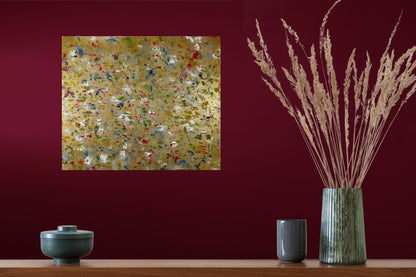 vivi & vela artwork display for 'bloom kyoto': abstract artwork in a modern interior, showcasing its elegant gold foundation and vibrant floral-inspired forms.