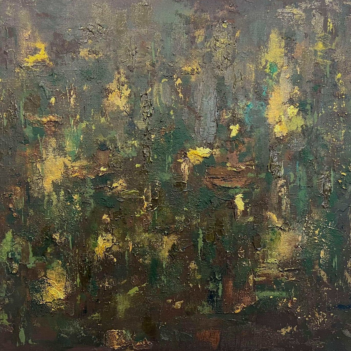 vivi & vela close-up of 'enchanted forest': detailed view of layered green and brown textures with subtle gold highlights.