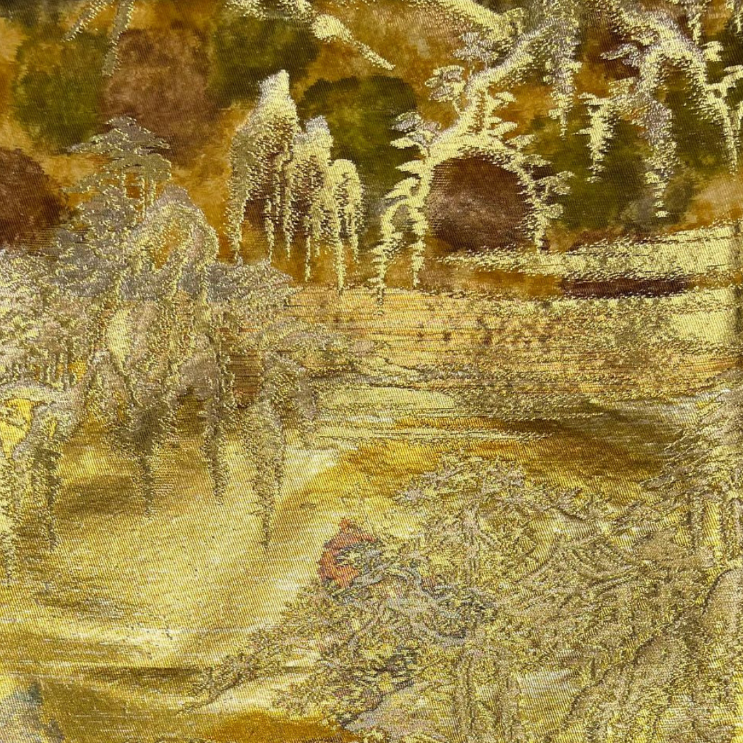 vivi & vela icho inspiration - vintage textile of a garden surrounded by golden autumn foliage